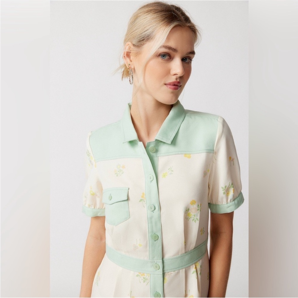 Urban Outfitters Cream Mini Dress with Mint Trim and Yellow Floral - Picture 3 of 11